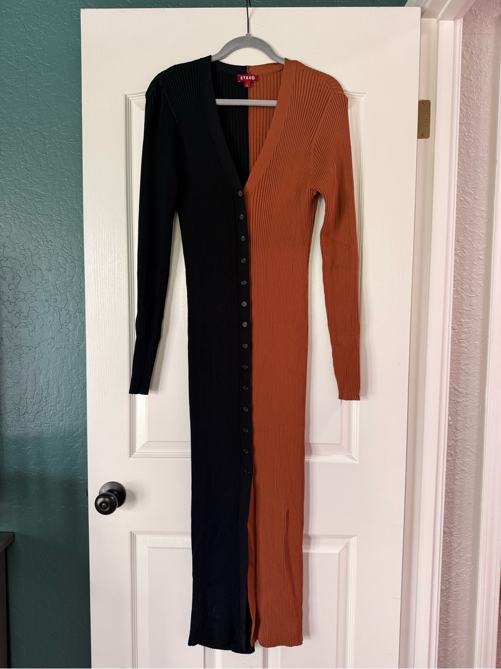 STAUD Two-Tone Black & Rust Ribbed Button-Front Maxi Dress